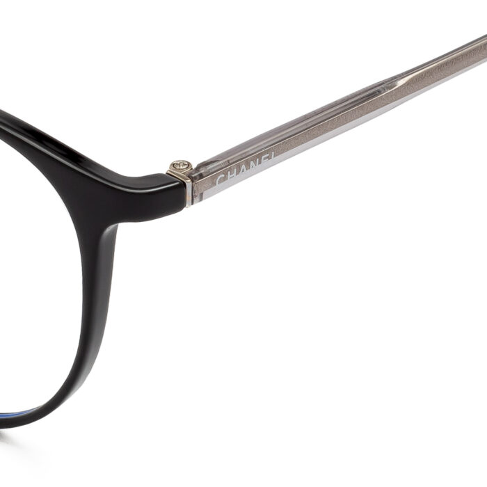 Chanel black round eyeglasses with grey temples